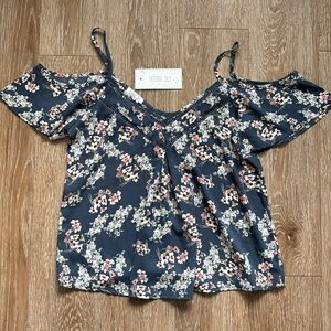 New! Sienna Sky blue floral cold shoulder blousy top, XS